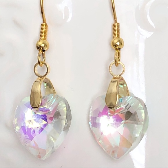 New Crystal AB Dangling Drop Heart Earrings 18K Gold Plated Hooks Handmade Gift - Picture 5 of 5